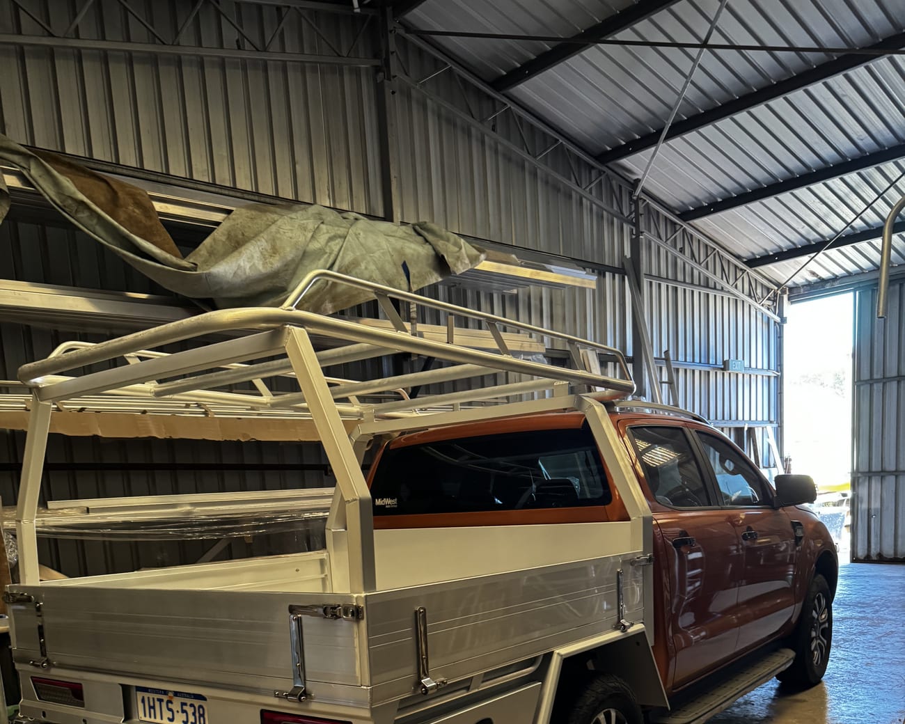 Aluminium tray and rack frame being built onto a ute in the Reel Boats workshop